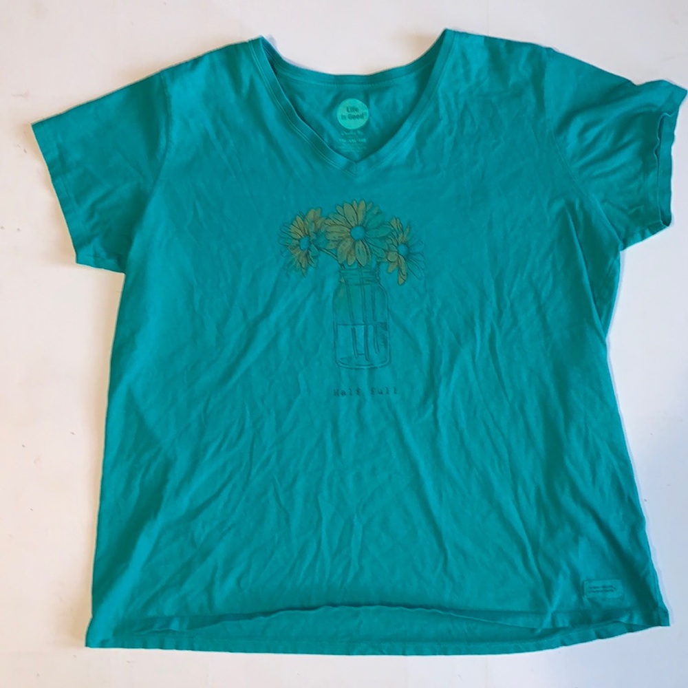 Life Is Good Crushee Tee Half Full Size XXL Blue V-Neck
